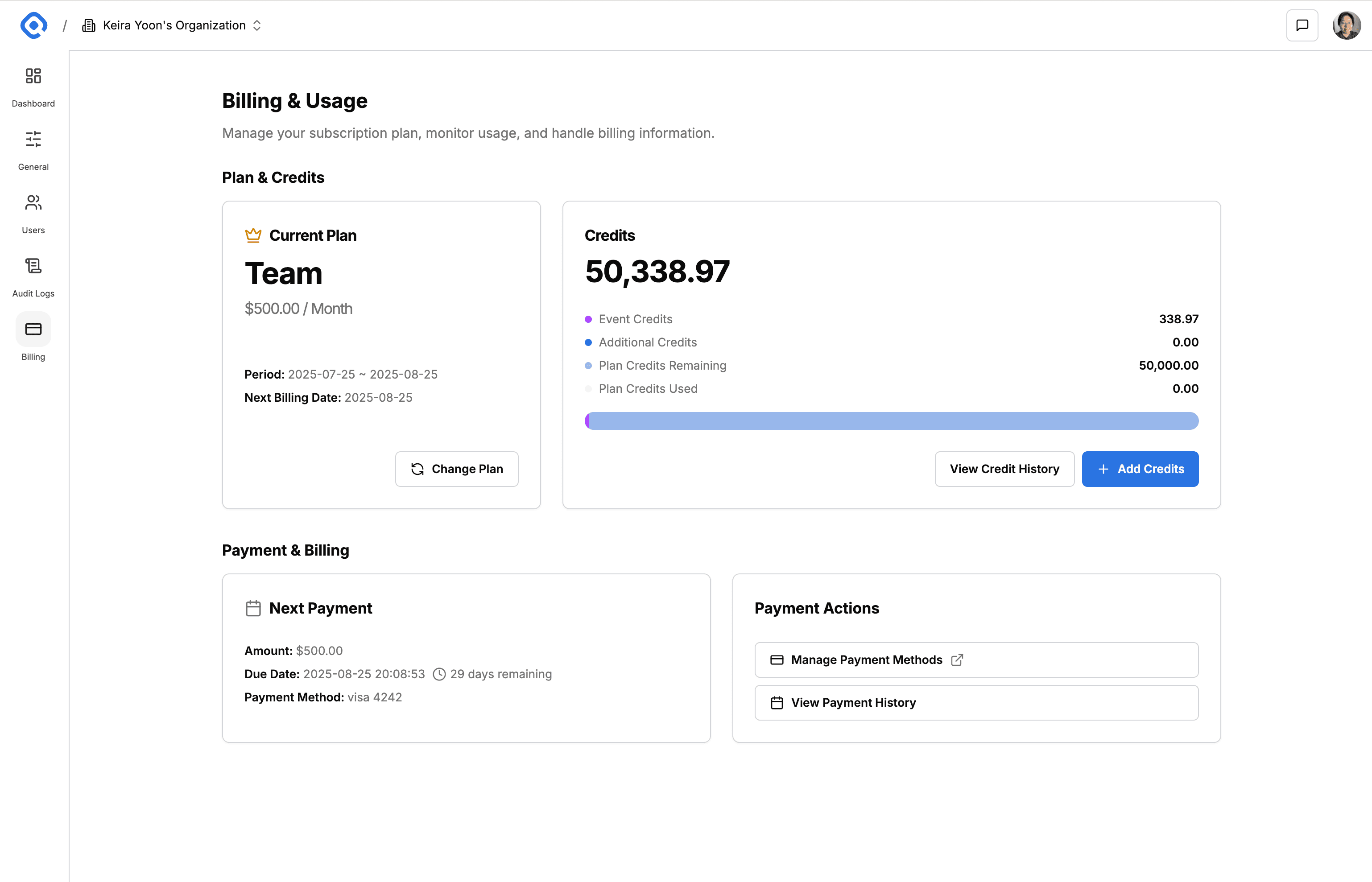 Billing and Usage Page
