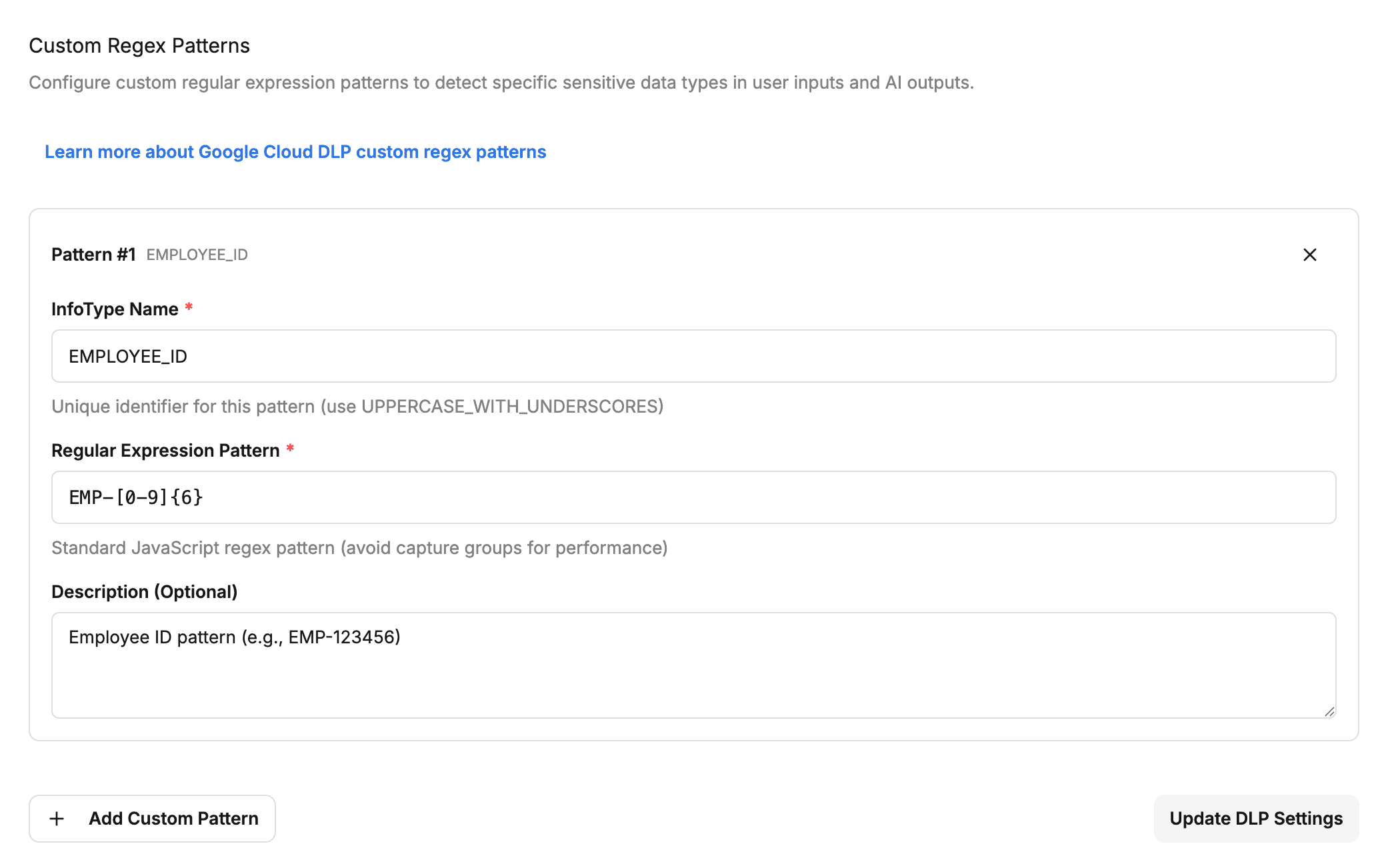 DLP Regex Settings