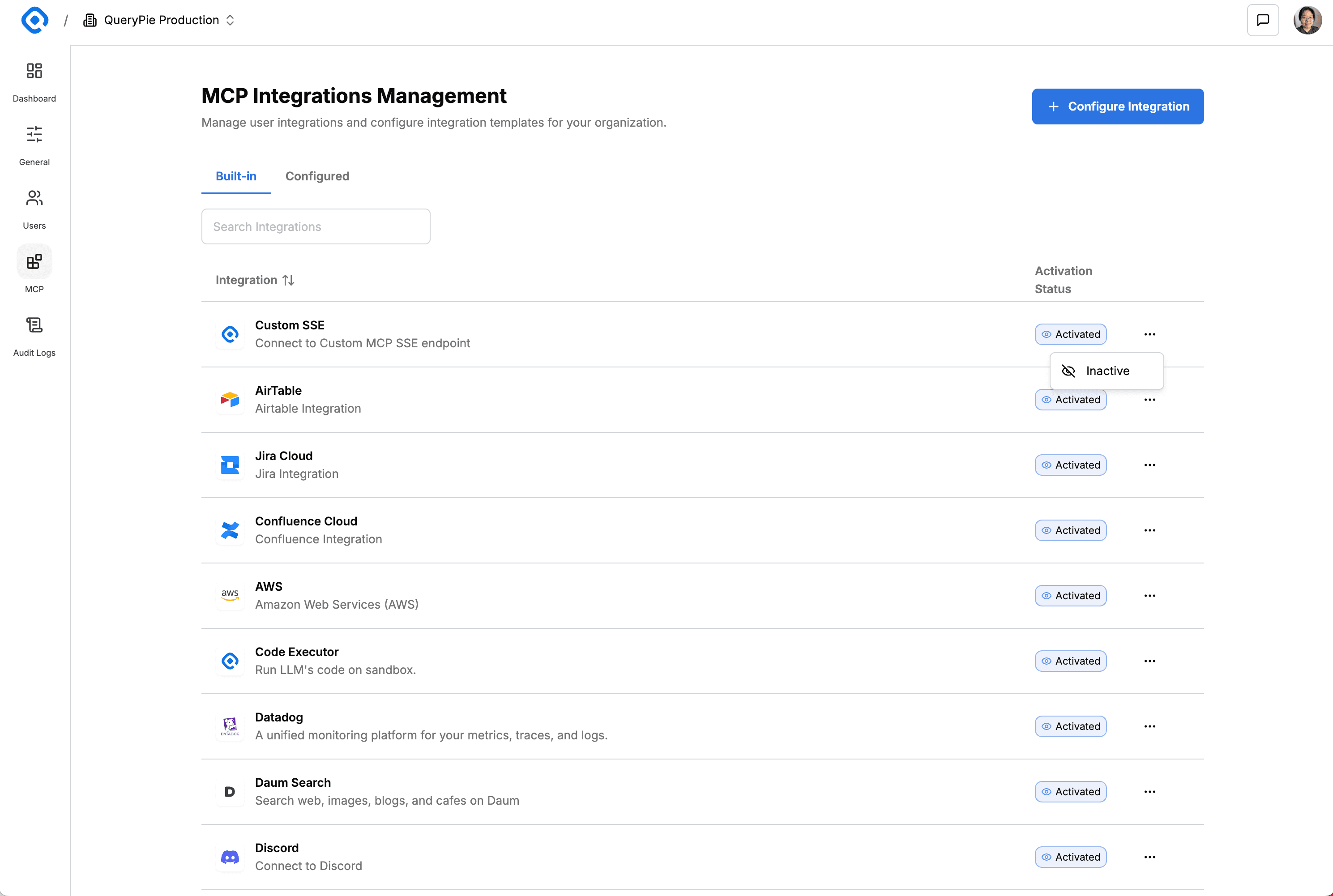 MCP 연동 목록에서 활성화 여부 변경하기