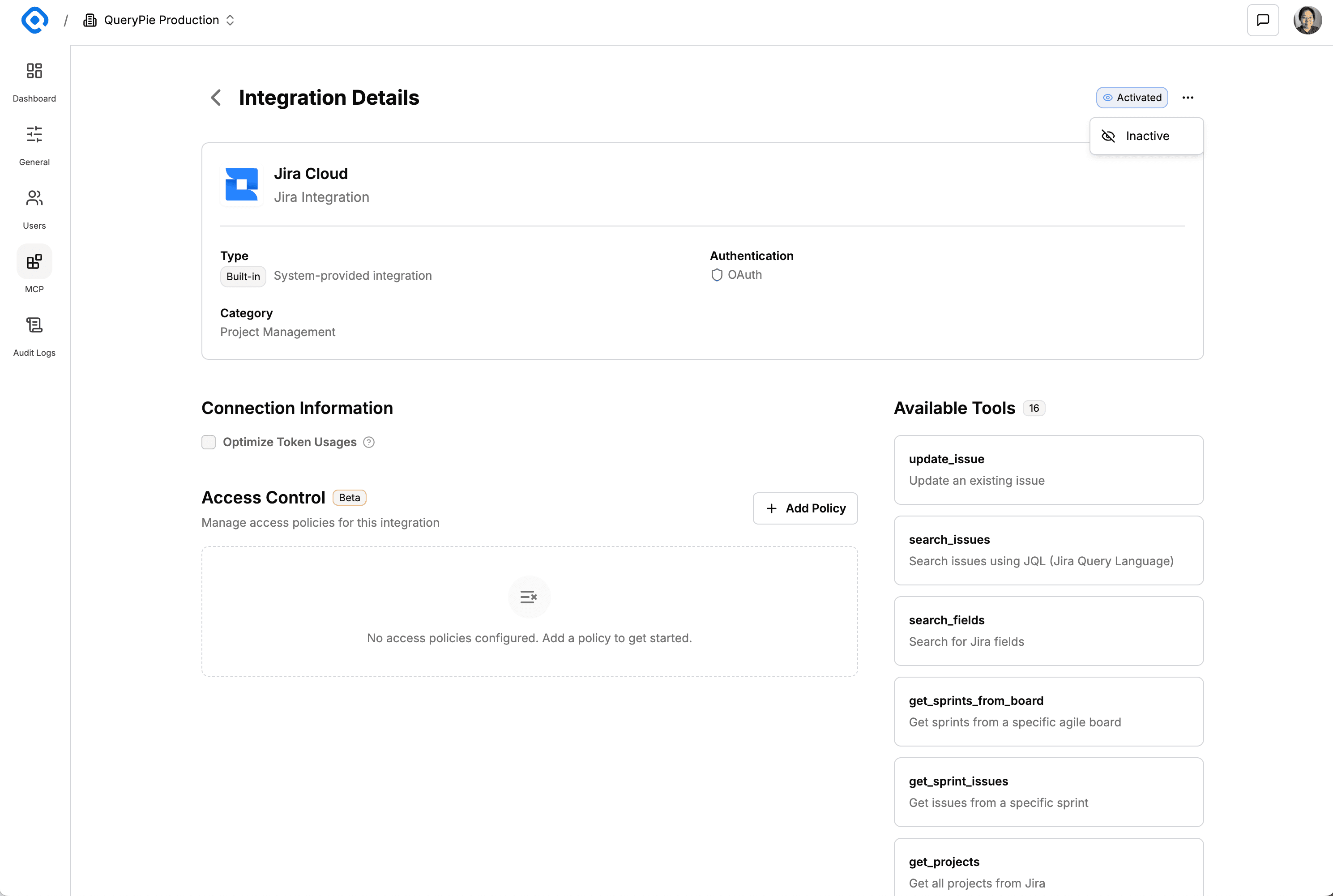 Changing Activation Status from MCP Detail Page